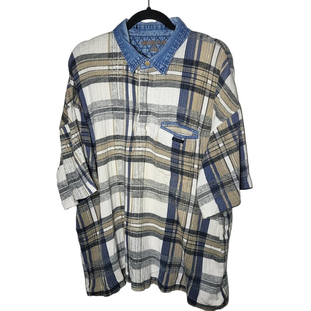 Vintage 90s Fryday Club NRK‎ Plaid Denim Collar Short Sleeve Pocket Shirt Small